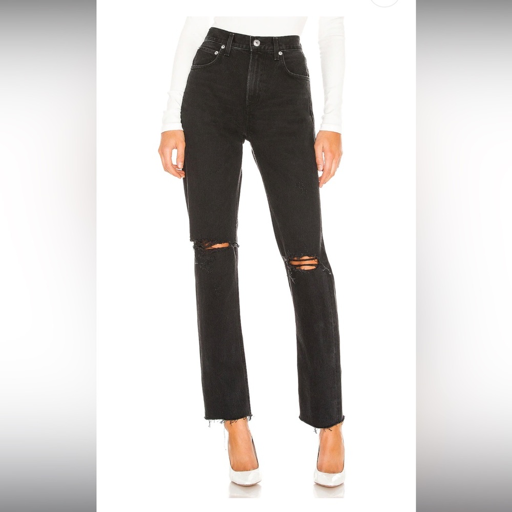 AGOLDE Cherie High Rise Jeans Size 28 Black Torn Knee Zip Womens Button